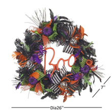 Pre-lit Halloween wreath with orange-red 'Boo' outline, purple pumpkins, striped bows