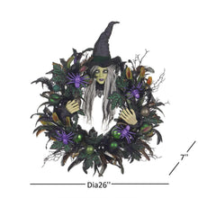 Pre-lit witch wreath, 26 in diameter, green witch face, black hat, purple-green LED lights