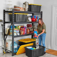 Black and yellow heavy-duty storage tote on metal shelving, open top