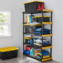Black and yellow heavy-duty storage tote with open top and multiple compartments