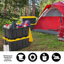 Black and yellow storage tote with open top in outdoor setting