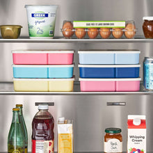 3-pack snack bento boxes with striped lids, stacked in pink, blue, and yellow