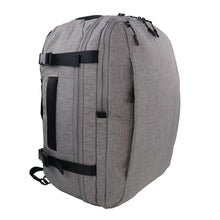 Gray travel backpack with top handle, front pockets, and padded shoulder straps
