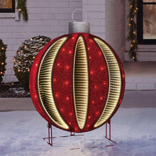 Red and gold pre-lit infinity light ornament with hanging loop and metal stand