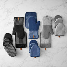 Multi-pack silicone oven mitt set with striped mini mitts and pot holders in gray and blue