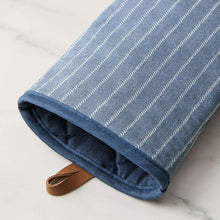 Indigo striped silicone oven mitt with hanging leather loop and padded fabric