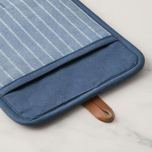 Indigo striped silicone oven mitt, terry-lined palm with hanging leather loop
