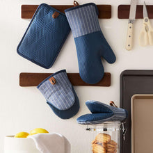 Indigo oven mitts and mini pot holder set, striped silicone with hanging loops