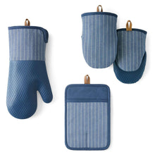 Indigo striped silicone oven mitt set with mini mitts and square pot holder