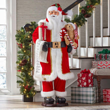 Animated singing Santa decoration with red coat, white fur trim, black belt and boots