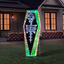 Pre-lit prismatic coffin yard decoration with colorful LED lights and skeleton graphic