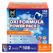 Laundry detergent power pacs box, blue front with orange top, 108-count pack