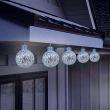 Silver mercury-style LED ornament balls on a hanging wire string