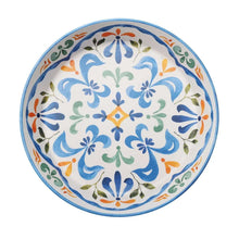 Blue lazy susan center bowl with decorative floral pattern and segmented serving sections