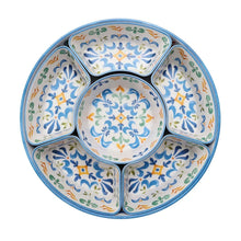 Blue 6-section lazy susan serving platter with decorative patterned bowl inserts