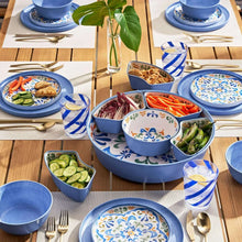 Blue 6-section lazy susan serving platter with patterned bowls for snacks and dip