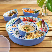 Blue 6-section lazy susan serving platter with divided bowls and center dip well