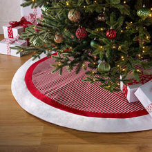 Holiday tree skirt, red-and-white striped quilted fabric with white border and center opening