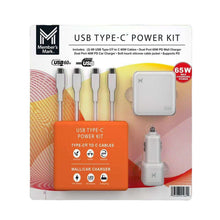 USB-C power kit with 65W wall charger, USB-C cables, and car charger