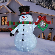 Pre-lit pop-up twinkling snowman with top hat, striped scarf, and glowing bell ornament