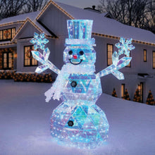Prismatic pre-lit snowman decoration with glowing blue face and arms outstretched