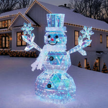 Prismatic lit snowman decoration with top hat, smiling face, raised arms, and blue LED