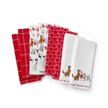 8-piece kitchen towel set, red plaid and dog-and-mouse prints on white