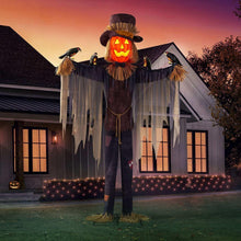 Pre-lit animated scarecrow with glowing jack-o-lantern face, top hat, tattered arms