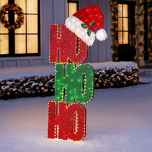 Pre-lit stacked letter sign with Santa hat, red and green, glowing LEDs