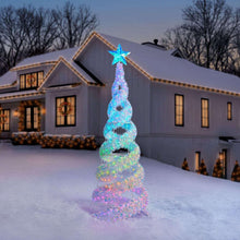 Pre-lit iridescent color-changing spiral tree with star topper, multicolor lights