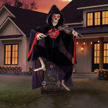 Pre-lit graveyard violinist: hooded skeleton playing violin, red-trim robe