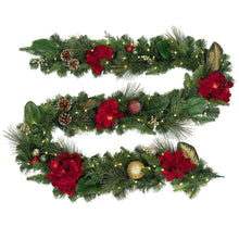 Pre-lit Christmas garland loop with pine, red poinsettias, pinecones, and warm lights