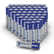 AAA alkaline batteries displayed in a grouped tray, blue-and-silver cylindrical cells