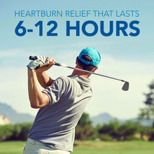 Golfer swinging a club under heartburn relief headline