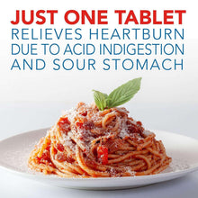 Heartburn relief graphic with bowl of spaghetti, crushed pepper, and basil