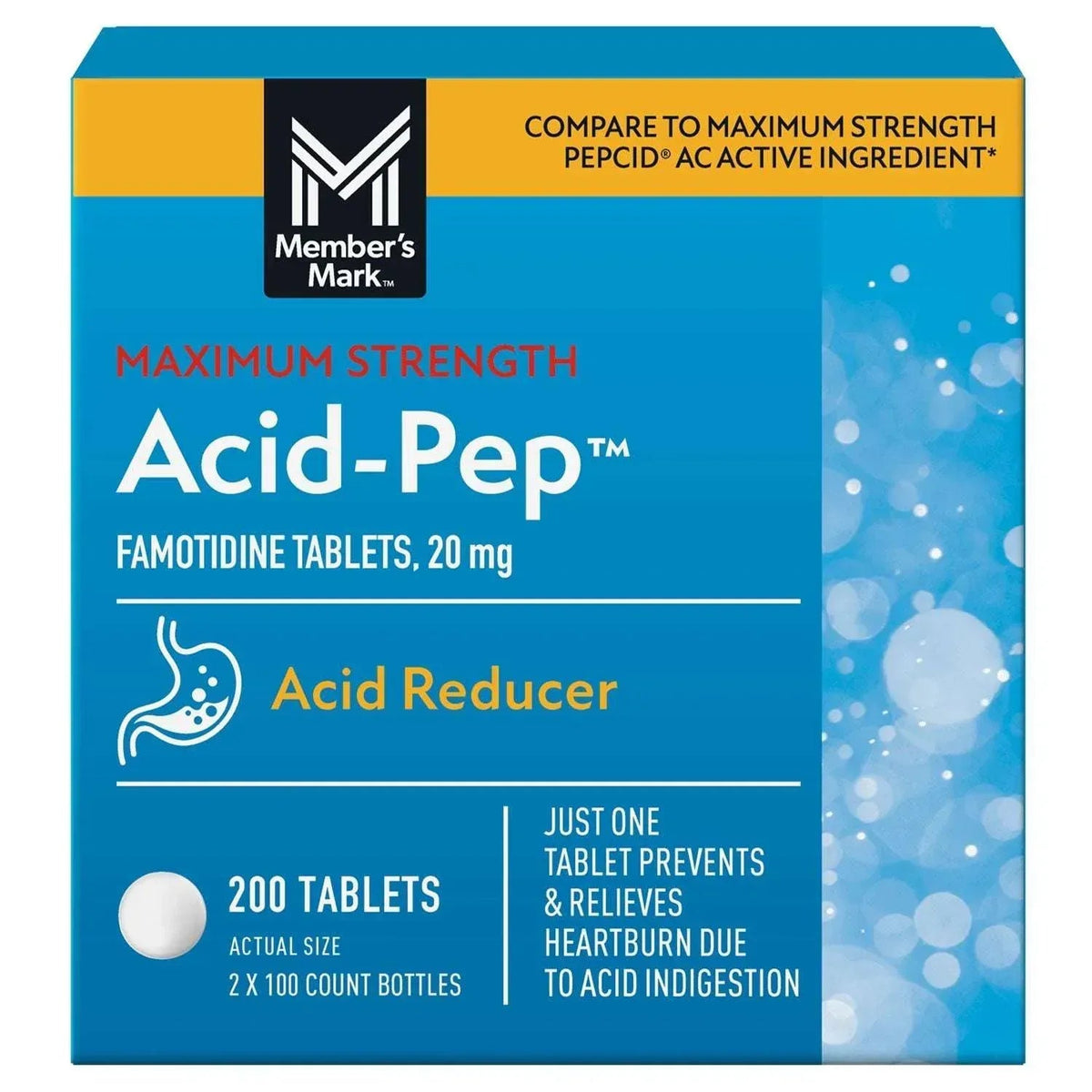 Members Mark Acid-Pep Acid Reducer 20 mg Famotidine Tablets, 100 Count, 2 Pack