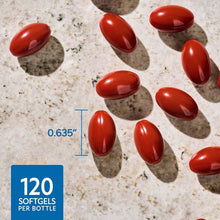 Red oval softgels on a light surface with 120 softgels per bottle mark