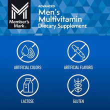 Men’s multivitamin dietary supplement label panel with key icons