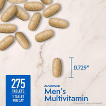 Men’s multivitamin tablets size graphic with “275 tablets” and dosage text