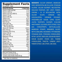 Supplement facts label with vitamin amounts and ingredient list