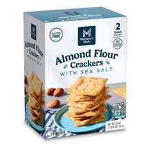 Gluten-free almond flour crackers box with sea salt, shown with stacked crackers
