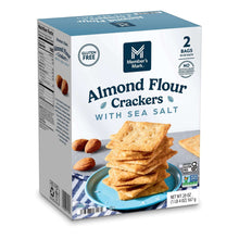 Side of gluten-free almond flour crackers box with sea salt and product details