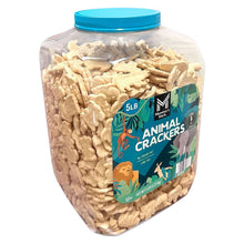 Animal crackers in clear jar with blue lid and front label, angled view