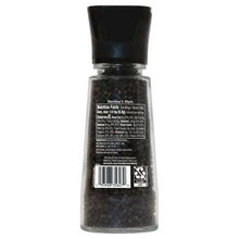Back label on black peppercorn grinder bottle with barcode and nutrition info