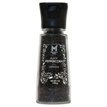 Black peppercorn grinder bottle with black cap; clear jar of dark peppercorns