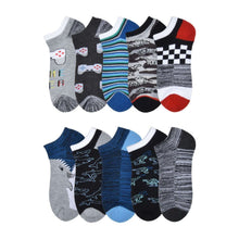 Boys no-show socks 10-pack set, mixed designs in gray, blue, black, and red accents
