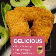 Breaded salmon bites with golden crispy coating, piled in a close view
