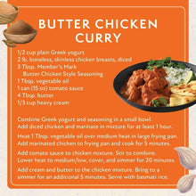 Butter chicken curry seasoning blend label with recipe directions and ingredients on orange panel
