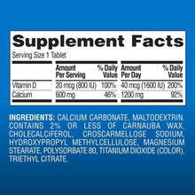 Calcium supplement facts panel listing Vitamin D and Calcium amounts