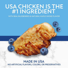 Chicken & waffle bite dog treat pieces with blueberries